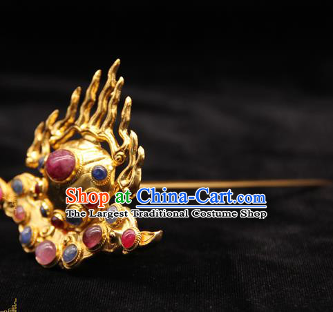 China Ancient Empress Golden Flame Hairpin Handmade Hair Accessories Traditional Ming Dynasty Gems Hair Crown