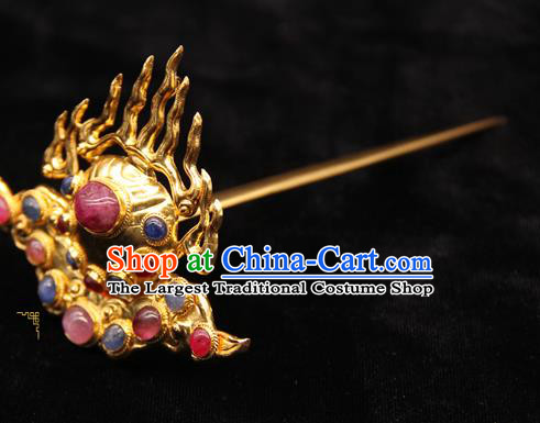 China Ancient Empress Golden Flame Hairpin Handmade Hair Accessories Traditional Ming Dynasty Gems Hair Crown