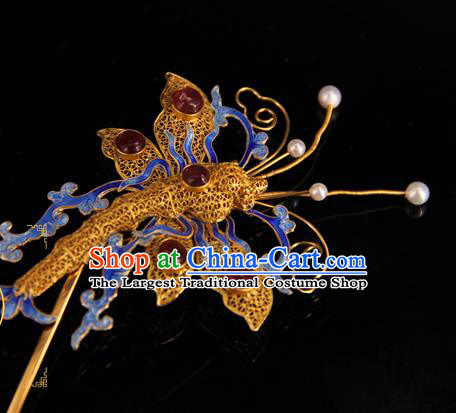 China Handmade Queen Enamel Dragonfly Hair Stick Traditional Palace Headpiece Ancient Qing Dynasty Empress Gems Hairpin