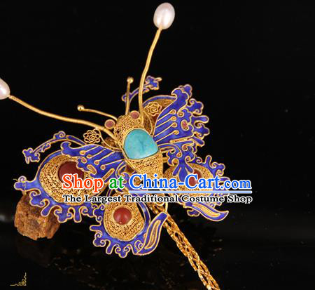 China Handmade Queen Gems Hair Stick Traditional Palace Headpiece Ancient Ming Dynasty Empress Cloisonne Butterfly Hairpin