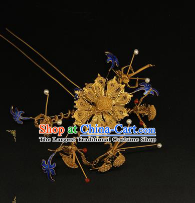 China Handmade Queen Golden Peony Hair Stick Traditional Palace Headpiece Ancient Qing Dynasty Empress Cloisonne Hairpin