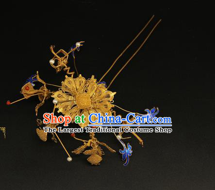 China Handmade Queen Golden Peony Hair Stick Traditional Palace Headpiece Ancient Qing Dynasty Empress Cloisonne Hairpin