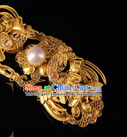 China Ancient Qing Dynasty Empress Golden Hairpin Handmade Queen Golden Phoenix Hair Stick Traditional Palace Headpiece