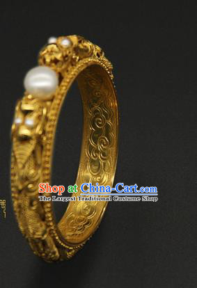 Handmade Traditional Court Golden Carving Bracelet Jewelry Chinese Ancient Qing Dynasty Queen Pearls Bangle Accessories