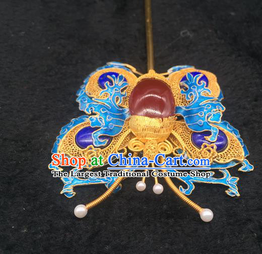 China Handmade Court Ruby Hair Stick Traditional Palace Headpiece Ancient Qing Dynasty Empress Enamel Butterfly Hairpin