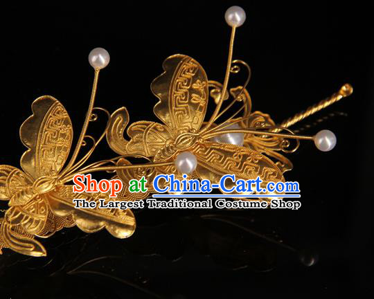 China Handmade Queen Golden Butterfly Hair Stick Ancient Qing Dynasty Empress Hairpin Traditional Palace Headpiece