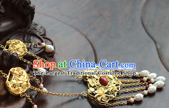 China Traditional Ming Dynasty Pearls Tassel Longevity Lock Ancient Princess Golden Necklace