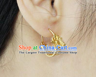 Handmade Traditional Court Golden Phoenix Ear Jewelry Chinese Ancient Tang Dynasty Queen Earrings Accessories