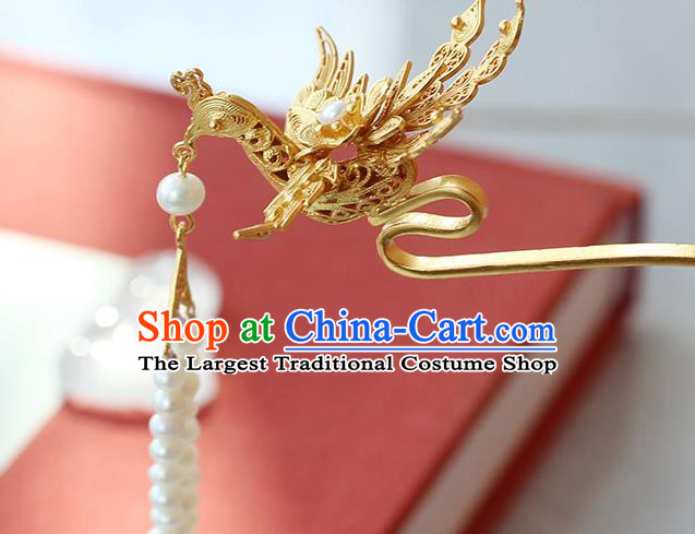 China Ancient Ming Dynasty Empress Beads Tassel Hairpin Traditional Palace Hair Jewelry Handmade Court Golden Phoenix Hair Stick