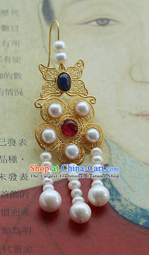 Handmade Traditional Court Golden Plum Ear Jewelry Chinese Ancient Ming Dynasty Gems Earrings Accessories