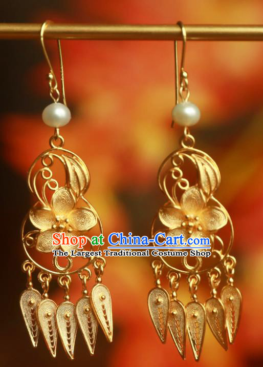 Handmade Chinese Ancient Court Golden Plum Ear Jewelry Ming Dynasty Pearls Earrings Traditional Accessories