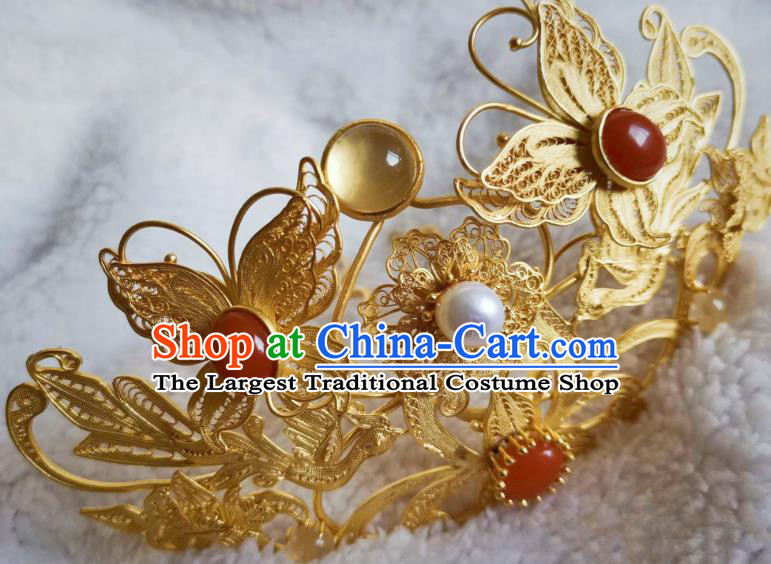 China Ancient Ming Dynasty Hair Crown Traditional Palace Hair Jewelry Handmade Court Empress Golden Hairpin