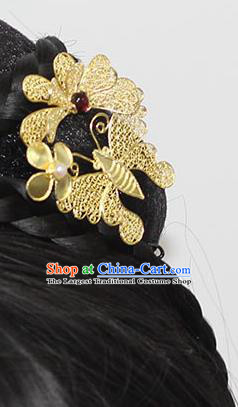 China Handmade Court Garnet Hair Stick Traditional Palace Hair Jewelry Ancient Ming Dynasty Empress Golden Butterfly Hairpin