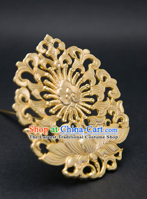 China Traditional Han Dynasty Golden Lotus Hair Stick Handmade Palace Hair Jewelry Ancient Court Queen Wedding Hairpin