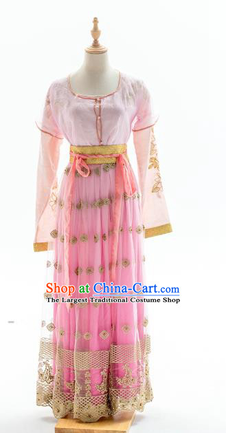 China Traditional Tang Dynasty Palace Lady Historical Costumes Ancient Court Woman Pink Hanfu Dress Clothing
