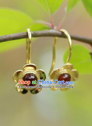 Handmade Chinese Garnet Earrings Traditional Accessories Ancient Court Hanfu Golden Plum Ear Jewelry