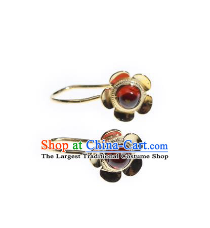 Handmade Chinese Garnet Earrings Traditional Accessories Ancient Court Hanfu Golden Plum Ear Jewelry