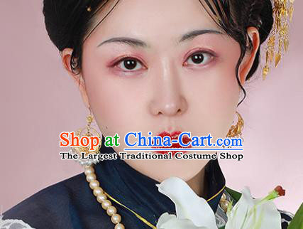 Handmade Chinese Ancient Court Hanfu Pearls Tassel Ear Jewelry Wedding Golden Earrings Traditional Accessories