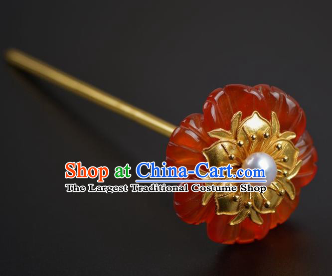 China Traditional Ming Dynasty Agate Hair Stick Handmade Hair Jewelry Ancient Princess Red Flower Hairpin