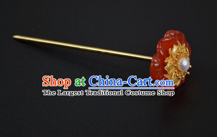 China Traditional Ming Dynasty Agate Hair Stick Handmade Hair Jewelry Ancient Princess Red Flower Hairpin