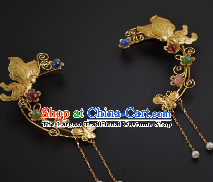 Handmade Chinese Ancient Court Golden Butterfly Ear Jewelry Traditional Ming Dynasty Tassel Earrings Accessories