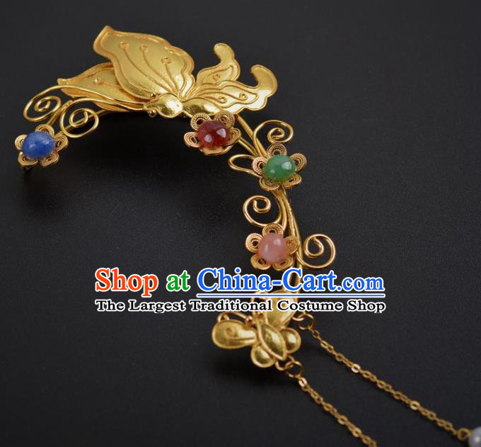 Handmade Chinese Ancient Court Golden Butterfly Ear Jewelry Traditional Ming Dynasty Tassel Earrings Accessories