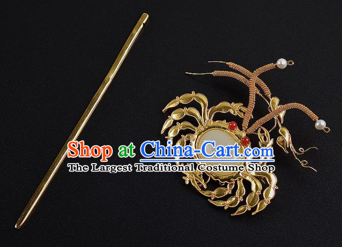 China Ancient Empress Golden Crab Hairpin Handmade Palace Hair Jewelry Traditional Ming Dynasty White Chalcedony Hair Stick