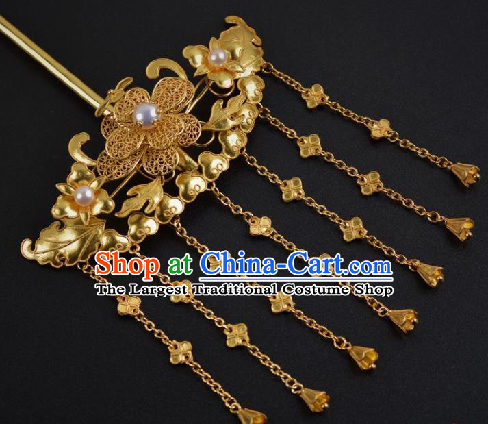 China Traditional Tang Dynasty Tassel Hairpin Handmade Hair Jewelry Ancient Empress Golden Peony Pearls Hair Stick