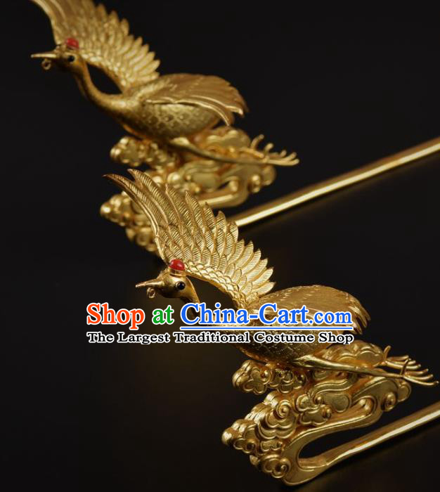 China Ancient Empress Golden Crane Hair Stick Traditional Ming Dynasty Palace Hairpin Handmade Hair Jewelry