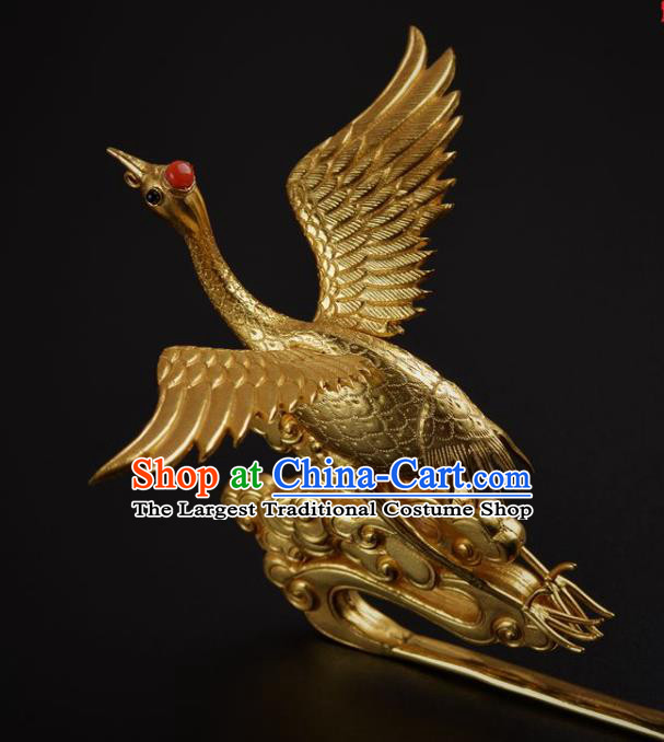 China Ancient Empress Golden Crane Hair Stick Traditional Ming Dynasty Palace Hairpin Handmade Hair Jewelry