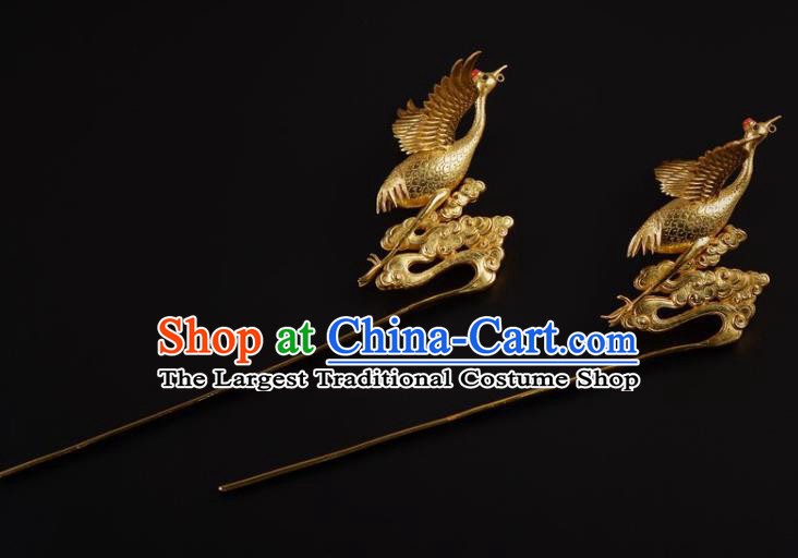 China Ancient Empress Golden Crane Hair Stick Traditional Ming Dynasty Palace Hairpin Handmade Hair Jewelry