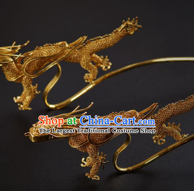 China Traditional Ming Dynasty Filigree Golden Dragon Hairpin Handmade Hair Jewelry Ancient Empress Hair Stick