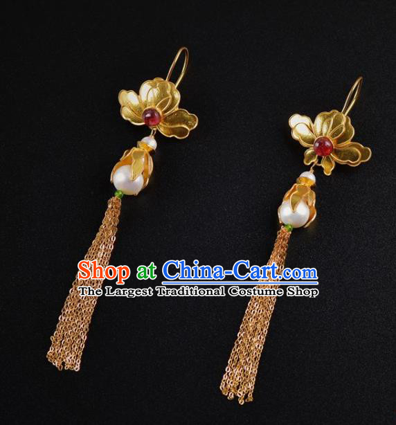 Handmade Chinese Ancient Court Queen Golden Peony Ear Jewelry Traditional Tang Dynasty Tassel Earrings Accessories