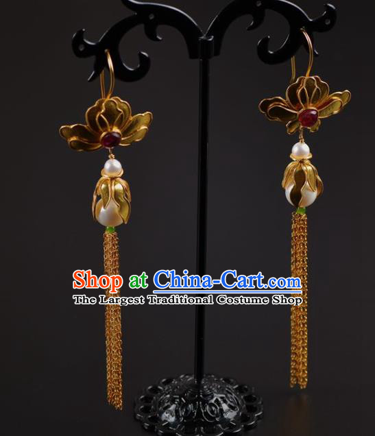 Handmade Chinese Ancient Court Queen Golden Peony Ear Jewelry Traditional Tang Dynasty Tassel Earrings Accessories