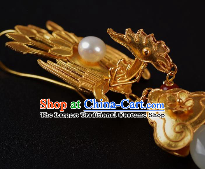 Handmade Chinese Traditional Qing Dynasty Palace Golden Phoenix Earrings Accessories Ancient Court Empress Jade Ring Ear Jewelry