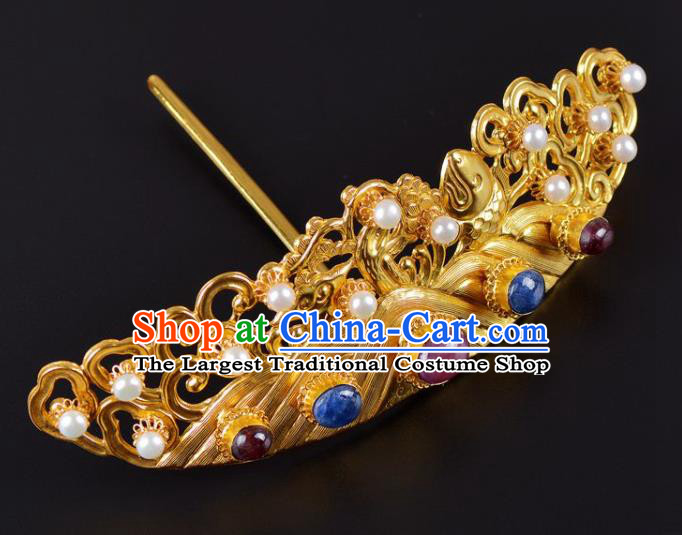 China Traditional Ming Dynasty Palace Pearls Golden Hair Crown Handmade Hair Jewelry Ancient Empress Gems Hairpin