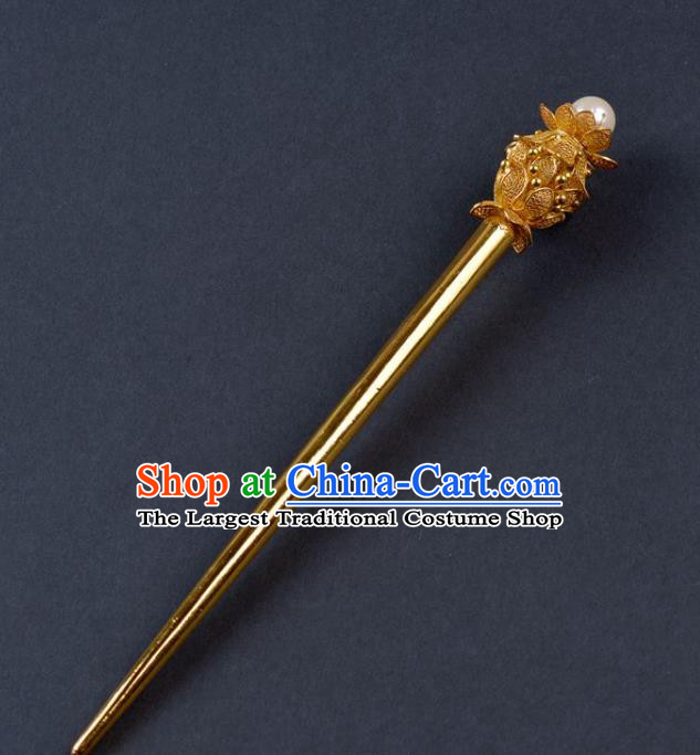 China Traditional Tang Dynasty Palace Hair Stick Handmade Hair Jewelry Ancient Empress Pearl Golden Lotus Hairpin