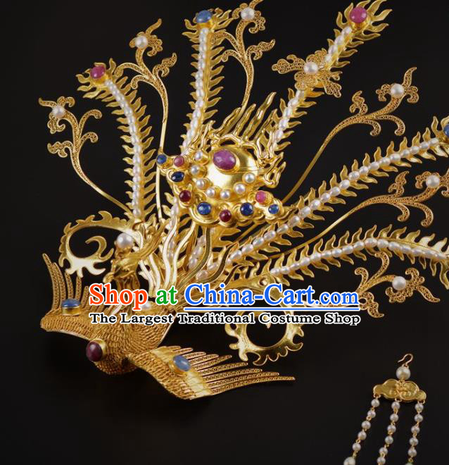 China Traditional Ming Dynasty Golden Hairpin Handmade Hair Jewelry Ancient Empress Pearls Phoenix Hair Crown