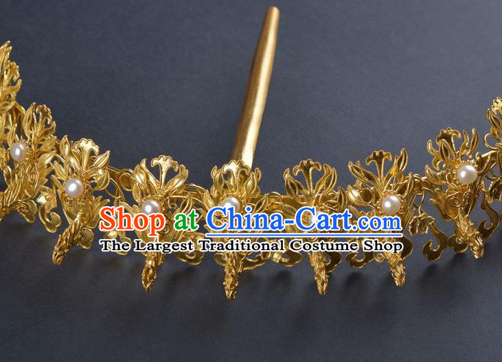 Traditional China Qing Dynasty Palace Golden Phoenix Hair Crown Handmade Hair Ornament Ancient Empress Pearls Hairpin