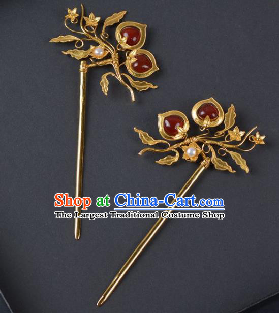 China Traditional Song Dynasty Palace Garnet Hair Stick Handmade Hair Jewelry Ancient Empress Golden Hairpin
