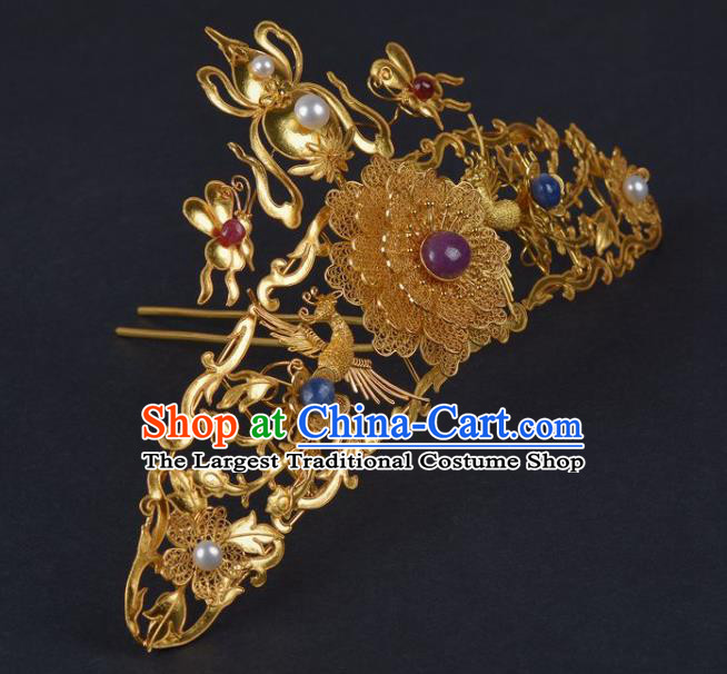 China Handmade Hair Jewelry Ancient Empress Hairpin Hair Comb Traditional Ming Dynasty Palace Golden Gourd Phoenix Hair Crown