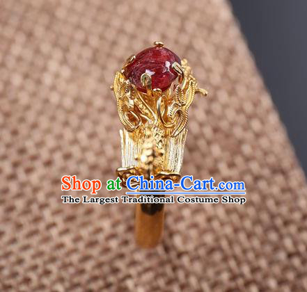 Handmade Chinese Ancient Empress Golden Phoenix Ring Jewelry Traditional Qing Dynasty Court Ruby Accessories