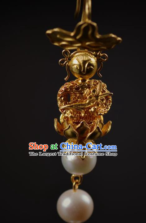 Handmade Chinese Ancient Empress Golden Earrings Jewelry Traditional Qing Dynasty Court Ear Pearls Accessories