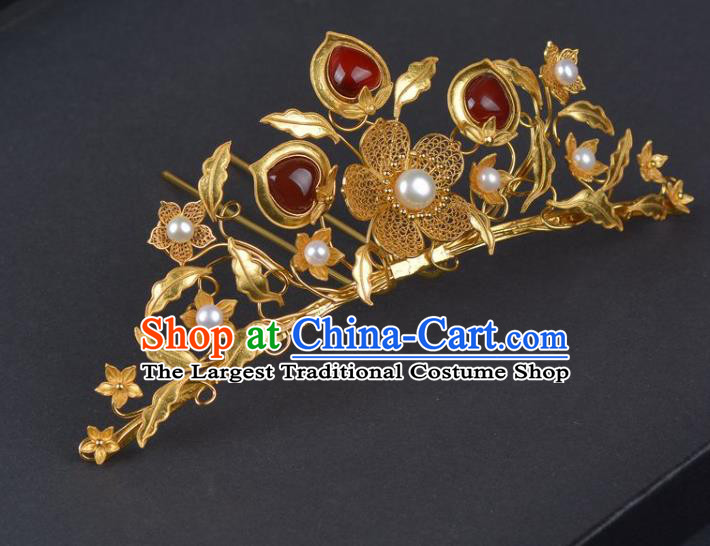 China Ancient Empress Golden Plum Hairpin Traditional Ming Dynasty Palace Agate Hair Crown Handmade Hair Jewelry