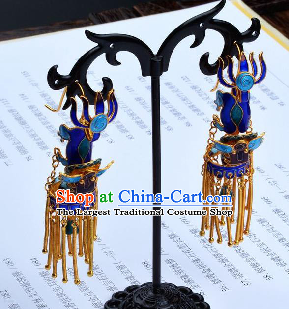Handmade Chinese Ancient Empress Cloisonne Jewelry Traditional Qing Dynasty Court Kylin Earrings Accessories