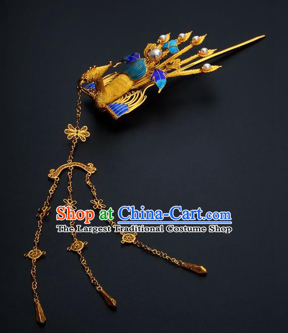 Traditional China Ancient Empress Golden Tassel Hairpin Handmade Hair Ornament Qing Dynasty Palace Cloisonne Phoenix Hair Stick