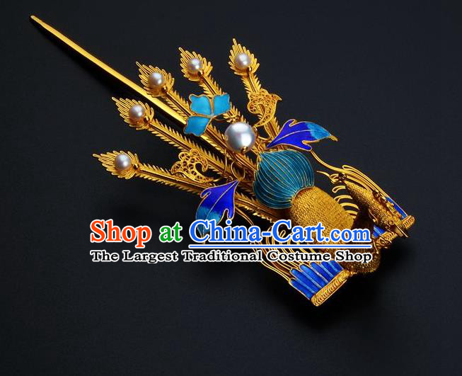 Traditional China Ancient Empress Golden Tassel Hairpin Handmade Hair Ornament Qing Dynasty Palace Cloisonne Phoenix Hair Stick