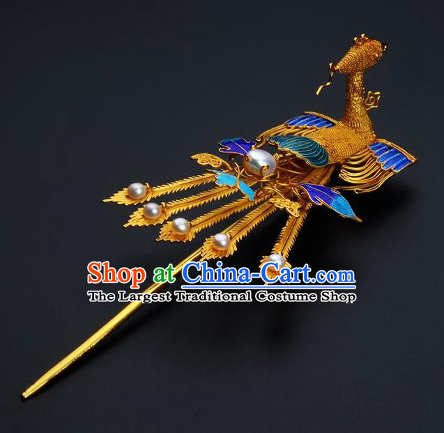 Traditional China Ancient Empress Golden Tassel Hairpin Handmade Hair Ornament Qing Dynasty Palace Cloisonne Phoenix Hair Stick