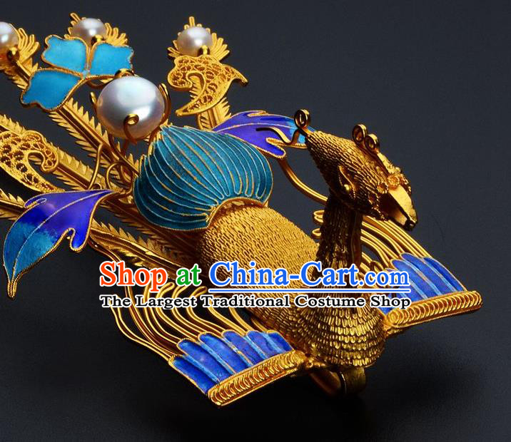 Traditional China Ancient Empress Golden Tassel Hairpin Handmade Hair Ornament Qing Dynasty Palace Cloisonne Phoenix Hair Stick