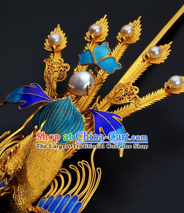 Traditional China Ancient Empress Golden Tassel Hairpin Handmade Hair Ornament Qing Dynasty Palace Cloisonne Phoenix Hair Stick